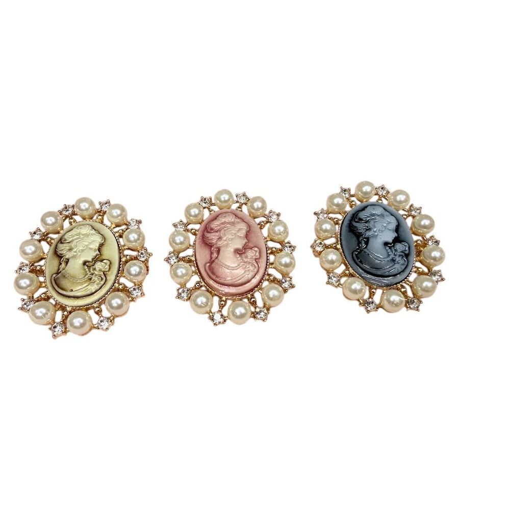 Set of 3 Vintage fashion Cameo Brooch Pins with Faux Pearls gift bundle lot